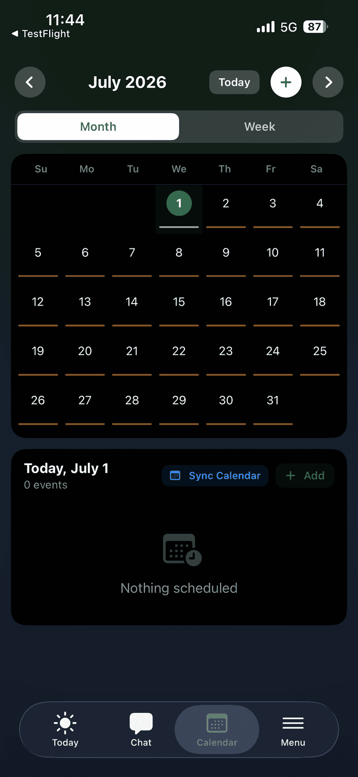 APEX calendar screen showing a full month view with synced events