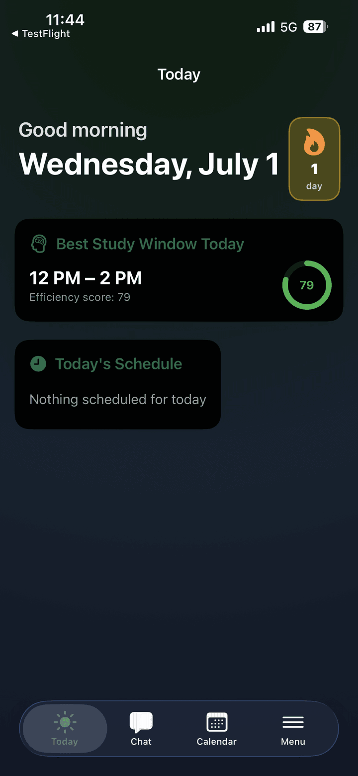 APEX app Today screen showing the best study window from 12 to 2 PM with an efficiency score of 79, a one-day streak, and today's schedule